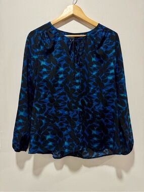 J. Crew Blue Turquoise Floral Chiffon Peasant Blouse Split Neck Size S